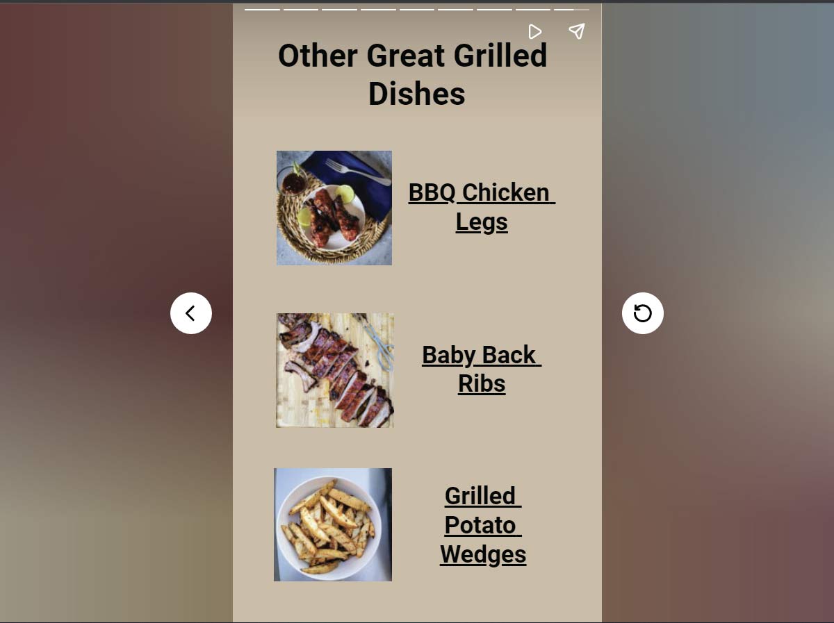 Last page of my burgers story. Has 3 different grilled recipes added with their images and text underlined so readers can click on the recipe name to go to the recipe.