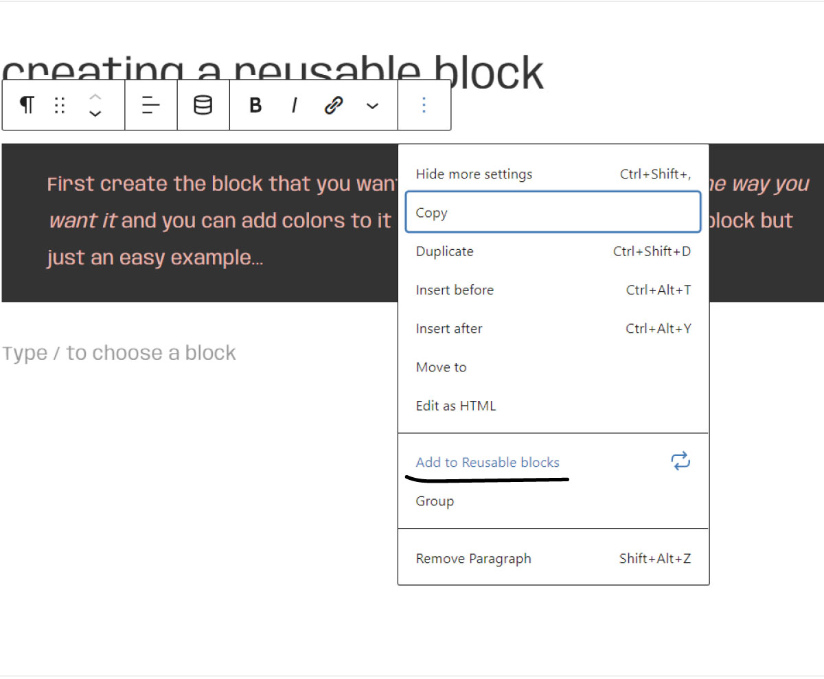 creating a reusable block. A block was created with text and changing the colors of the background and text to show a type of block.