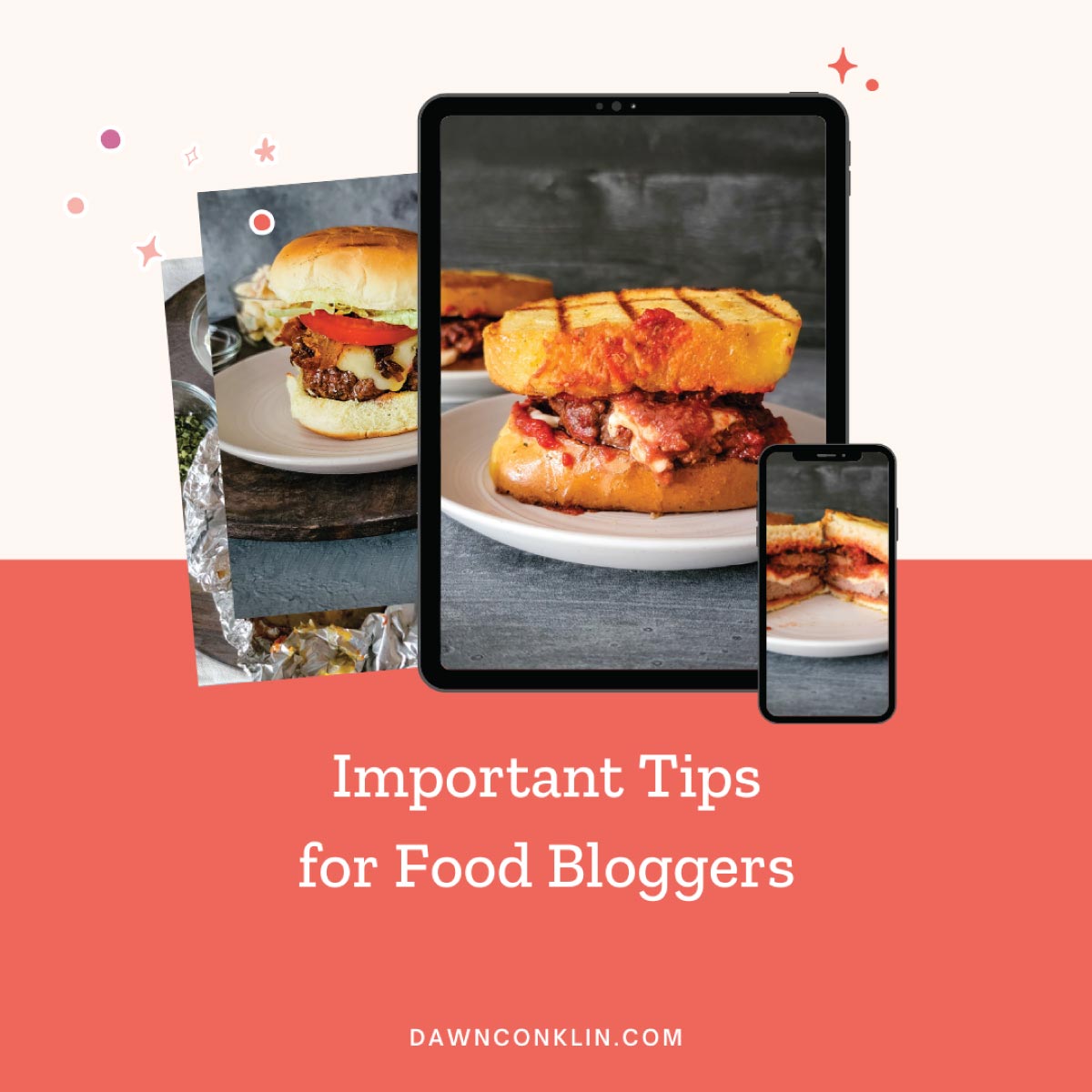 Important tips for food bloggers. Image of a pizza burger on a tablet and cell phone.