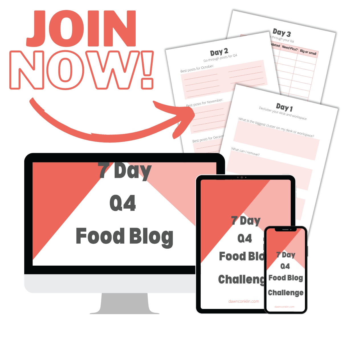 Join now 7 day Q4 food blog challenge with 3 of the workbook pages shown.
