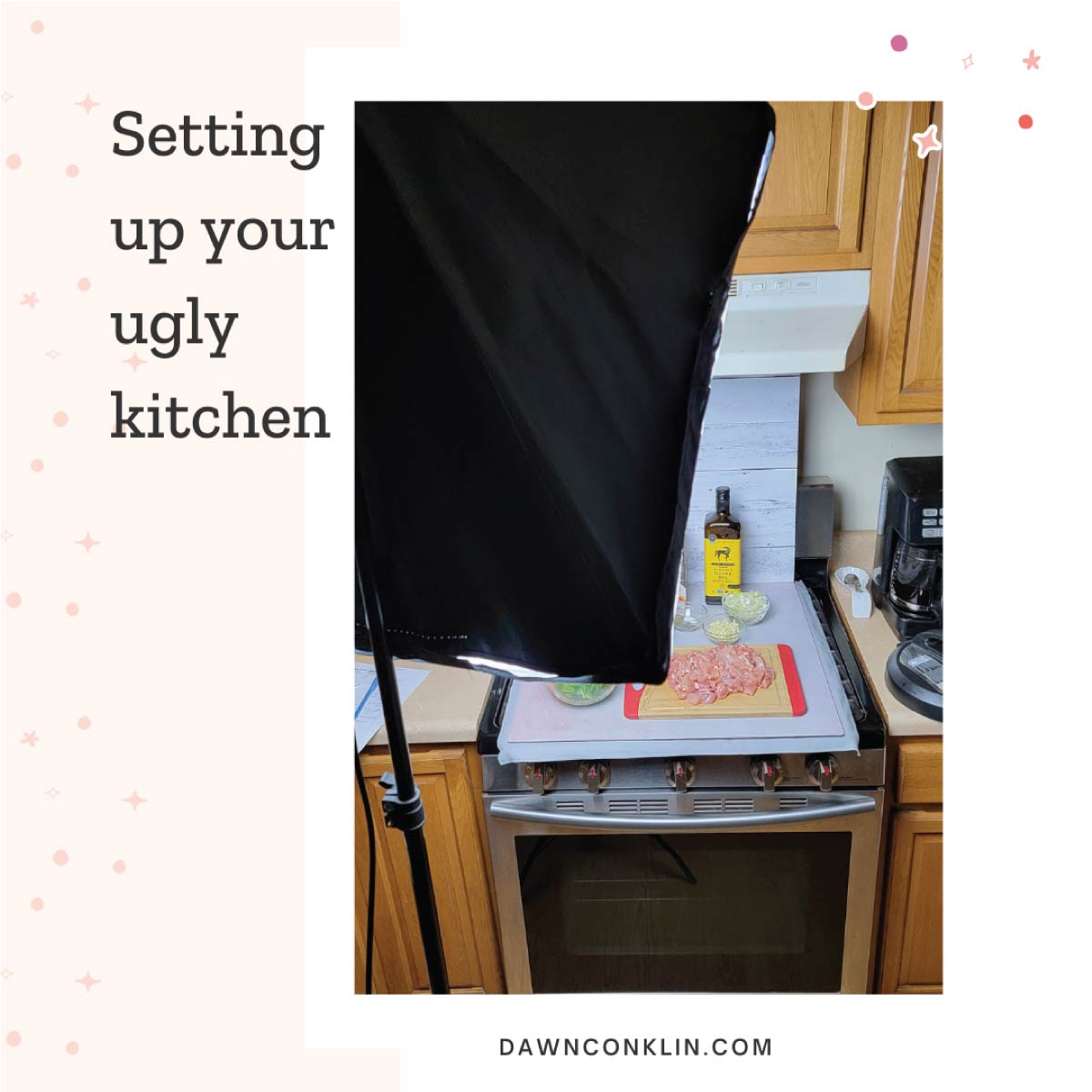 Setting up your ugly kitchen. Image of food prepped on a backdrop setup that was set up on the stove top with a lightbox for artificial light.