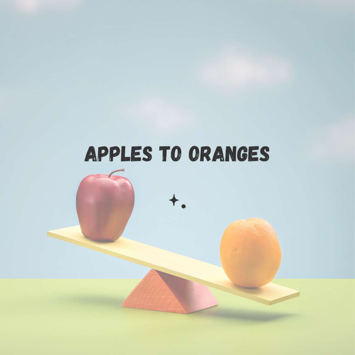 Apples to oranges. An apple on one side of a seesaw and an orange on the other to show a comparison.