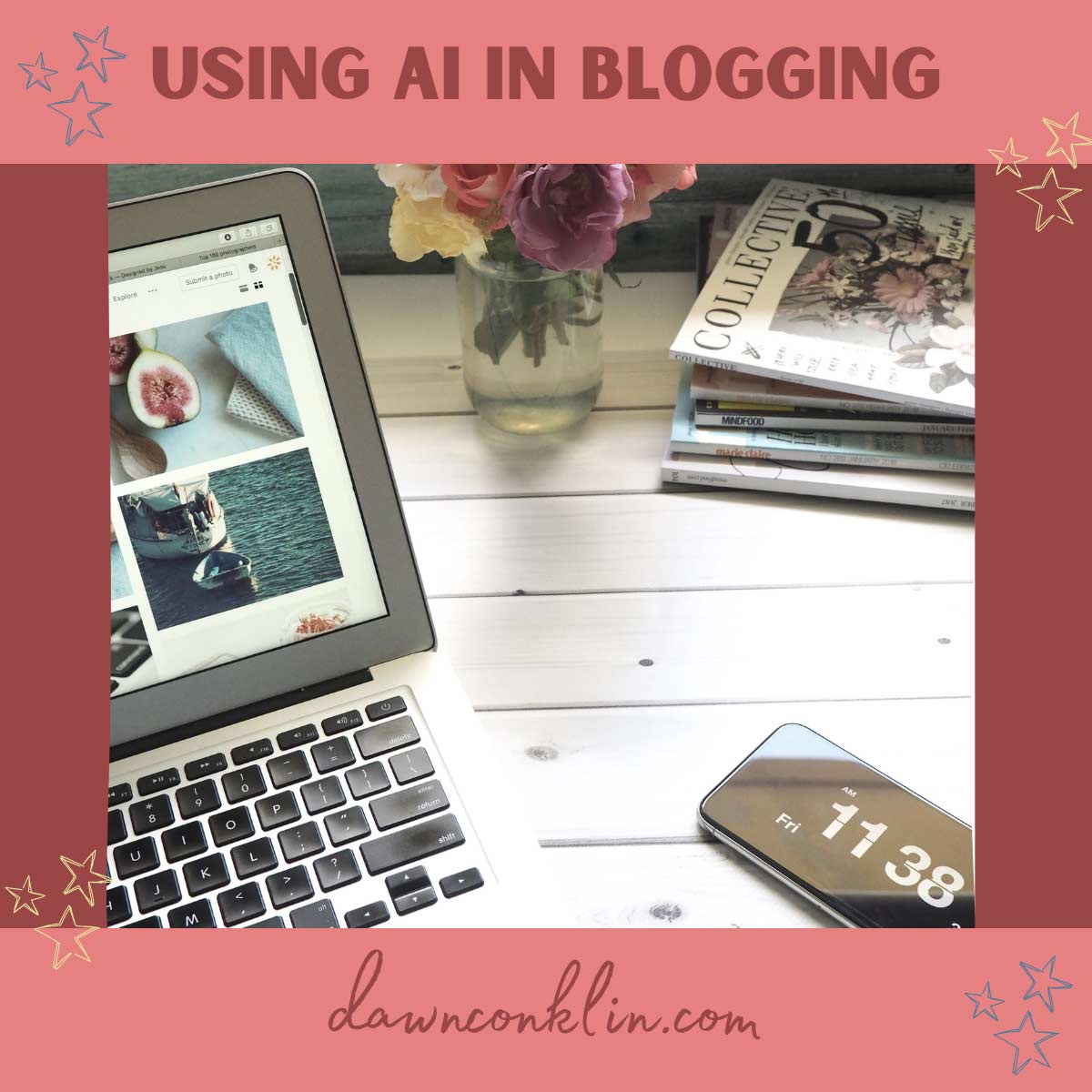 Using AI in blogging. A laptop open on a desktop with a phone and stack of books next to it.